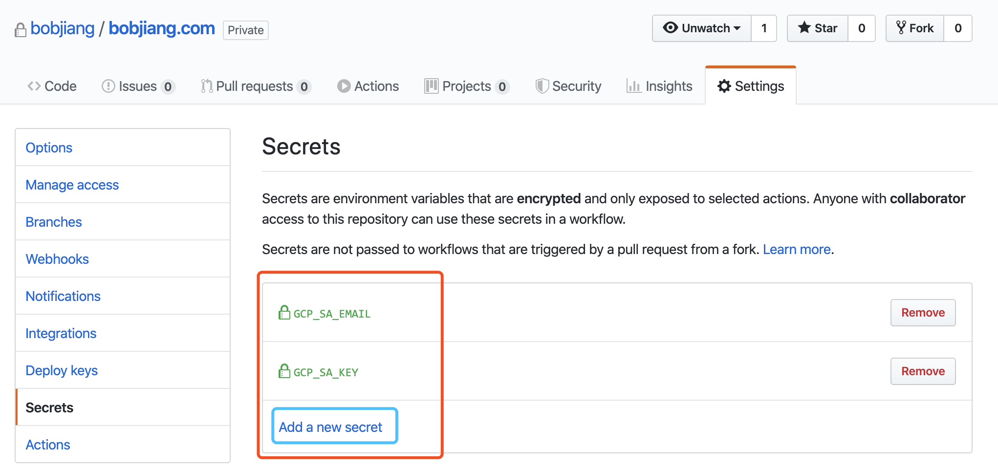 add github secrets